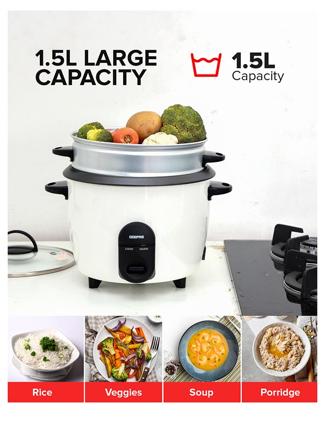 GEEPAS Automatic Rice Cooker - Steam Vent Lid & Simple One Touch Operation |Make Rice, Steam Healthy Food & Vegetables, 3 In 1 Functions, Tempered Glass LID 1.5 L 500 W GRC35011 White/Black/Clear - Image 3