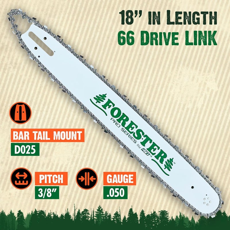 FORESTER 18" Replacement Chainsaw Bar & Chain Combo - 18in Length, 3/8” Pitch, .050 Gauge, D025 Mount, 66 Drive Link - Replacement Chain Saw Parts Kit For Stihl - Image 2