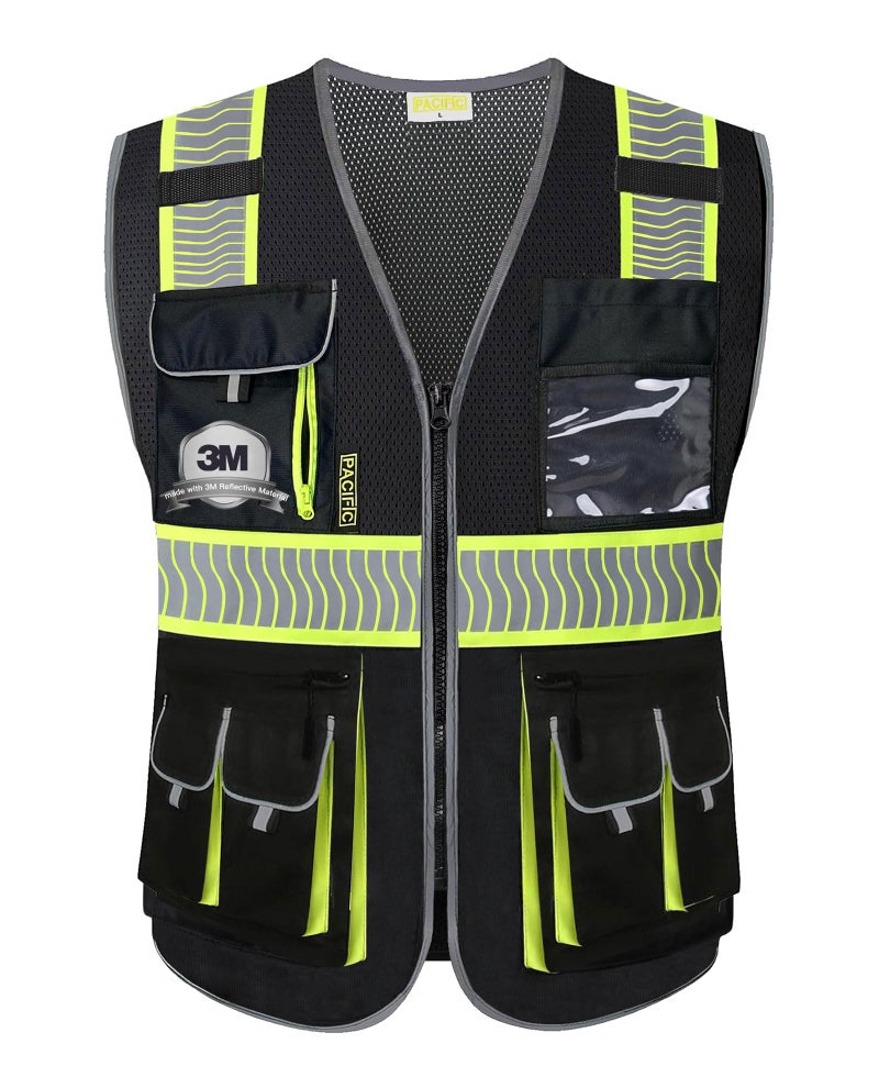 PACIFIC PPE سترة أمان من PACIFIC بـ 10 جيوب للرجال، شرائط عاكسة عالية الوضوح من 3M، تفي بمعايير ANSI/ISEA، سوداء، حجم كبير جداً - Image 4