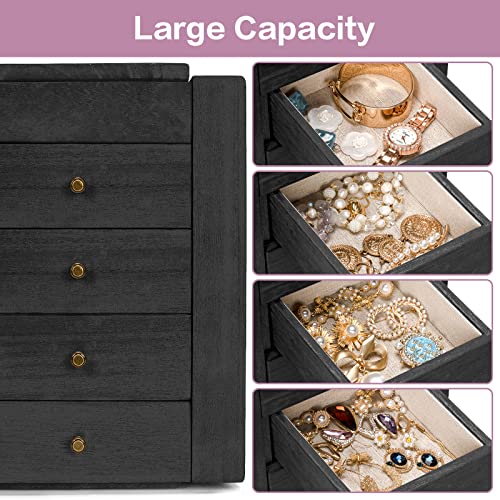 Meangood Jewelry Box Wood for Women, 5-Layer Large Organizer Box with Mirror & 4 Drawers for Rings, Earrings, Necklaces, Black - Image 4