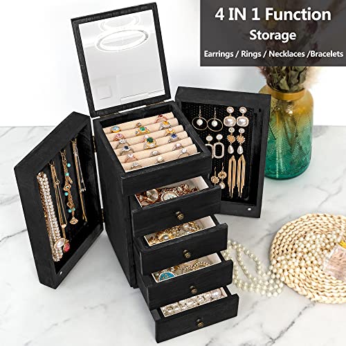 Meangood Jewelry Box Wood for Women, 5-Layer Large Organizer Box with Mirror & 4 Drawers for Rings, Earrings, Necklaces, Black - Image 2