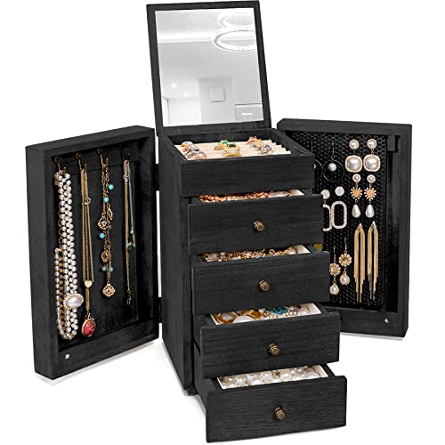 Meangood Jewelry Box Wood for Women, 5-Layer Large Organizer Box with Mirror & 4 Drawers for Rings, Earrings, Necklaces, Black - Image 1