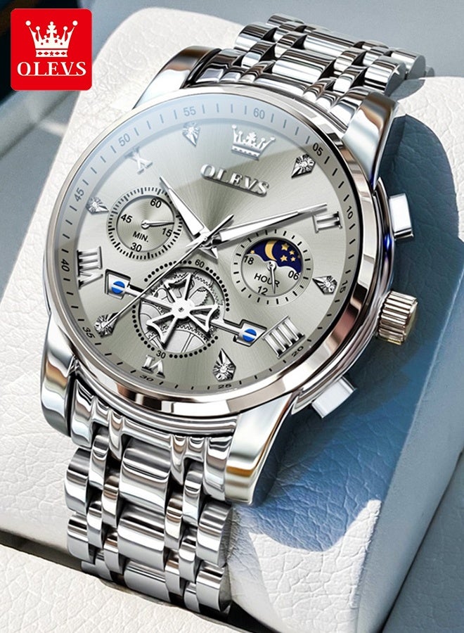 أوليفز ساعة يد رجالية فاخرة مزودة بمؤشر أطوار القمر، مصنوعة من الفولاذ المقاوم للصدأ، مقاومة للماء، مضيئة، كرونوغراف، ساعة كوارتز أنيقة - Image 1