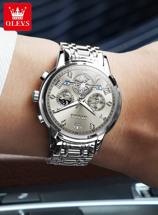 أوليفز ساعة يد رجالية فاخرة مزودة بمؤشر أطوار القمر، مصنوعة من الفولاذ المقاوم للصدأ، مقاومة للماء، مضيئة، كرونوغراف، ساعة كوارتز أنيقة - Image 4