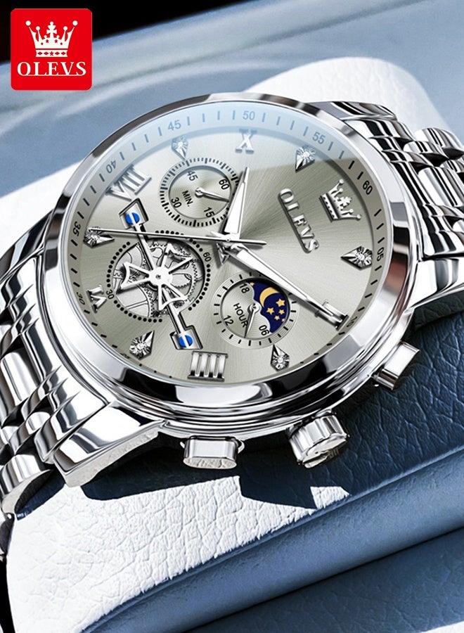 أوليفز ساعة يد رجالية فاخرة مزودة بمؤشر أطوار القمر، مصنوعة من الفولاذ المقاوم للصدأ، مقاومة للماء، مضيئة، كرونوغراف، ساعة كوارتز أنيقة - Image 2