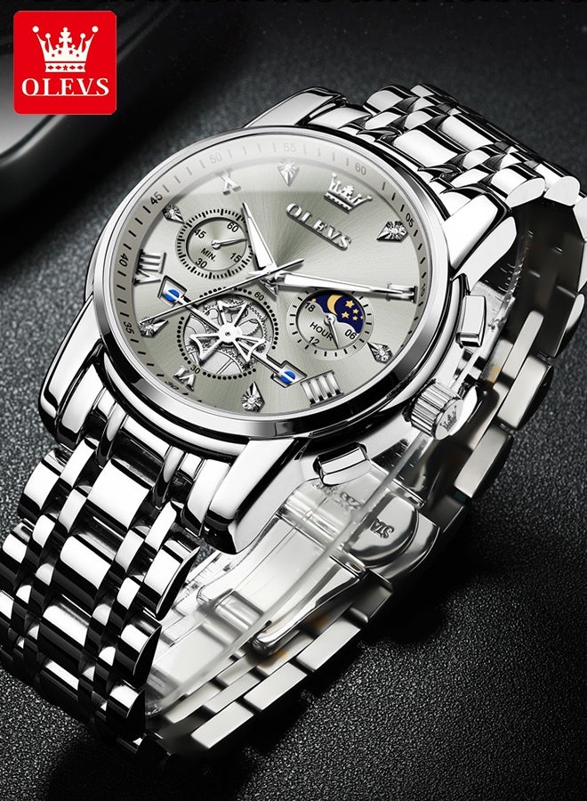 أوليفز ساعة يد رجالية فاخرة مزودة بمؤشر أطوار القمر، مصنوعة من الفولاذ المقاوم للصدأ، مقاومة للماء، مضيئة، كرونوغراف، ساعة كوارتز أنيقة - Image 3