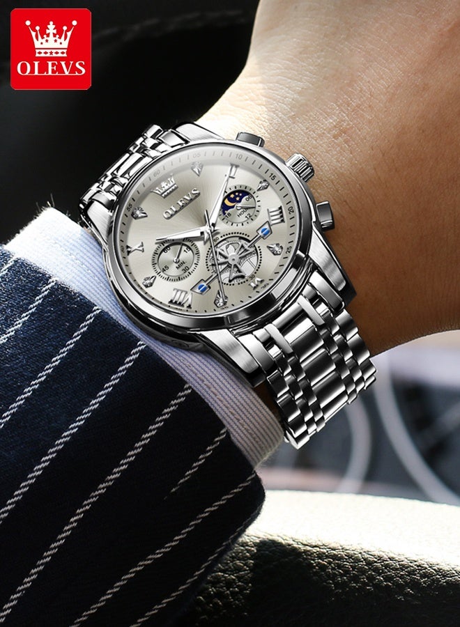 أوليفز ساعة يد رجالية فاخرة مزودة بمؤشر أطوار القمر، مصنوعة من الفولاذ المقاوم للصدأ، مقاومة للماء، مضيئة، كرونوغراف، ساعة كوارتز أنيقة - Image 5