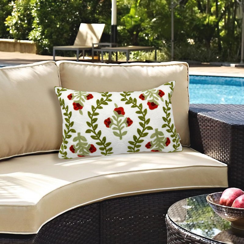 Alysheer Floral Embroidered Summer Lumbar Decorative Throw Pillow Cover 12"x 20", Farmhouse Cottage Red Flowers Green Leaves Patterned Cotton Canvas Cushion Case for Sofa Couch Bed Living Room Decor - Image 2