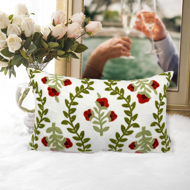 Alysheer Floral Embroidered Summer Lumbar Decorative Throw Pillow Cover 12"x 20", Farmhouse Cottage Red Flowers Green Leaves Patterned Cotton Canvas Cushion Case for Sofa Couch Bed Living Room Decor - Image 3