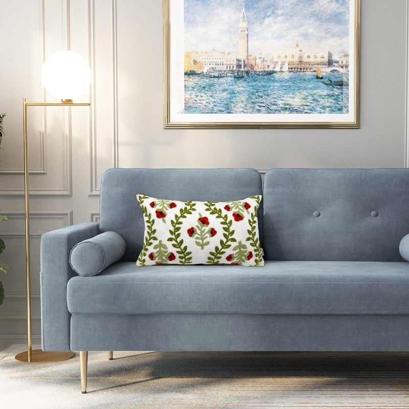Alysheer Floral Embroidered Summer Lumbar Decorative Throw Pillow Cover 12"x 20", Farmhouse Cottage Red Flowers Green Leaves Patterned Cotton Canvas Cushion Case for Sofa Couch Bed Living Room Decor - Image 4