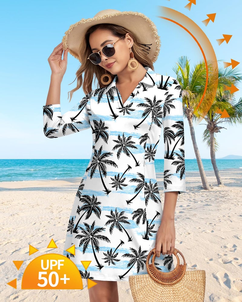 WOWENY 3/4 Sleeve Dress for Women with Pockets V Neck UPF 50+ Casual Sun Dress Breathable Quick Dry Beach Vacation (Coconut Trees, M) - Image 3