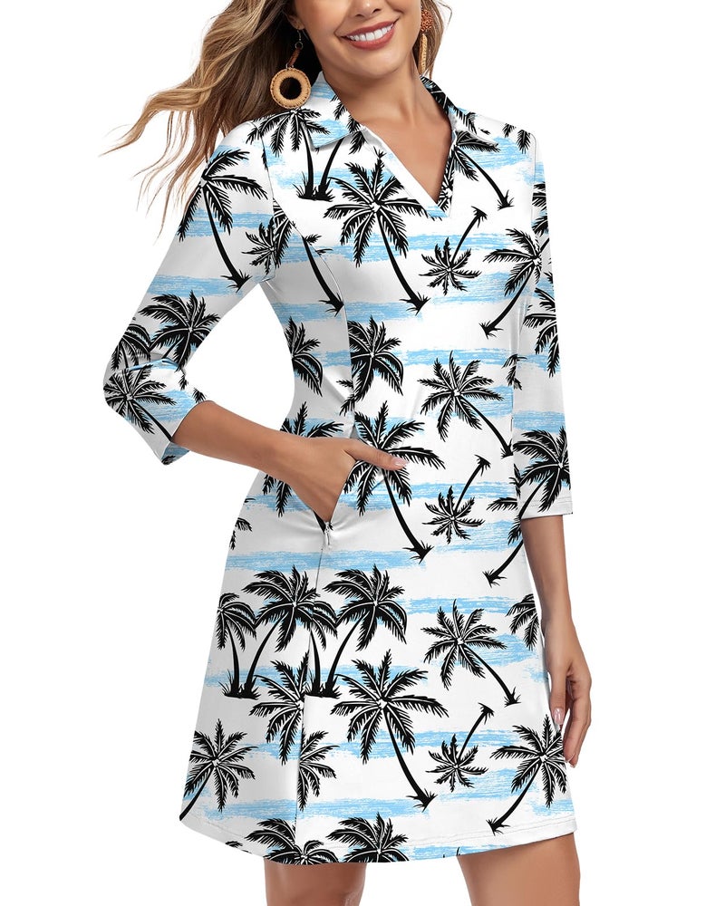 WOWENY 3/4 Sleeve Dress for Women with Pockets V Neck UPF 50+ Casual Sun Dress Breathable Quick Dry Beach Vacation (Coconut Trees, M) - Image 2