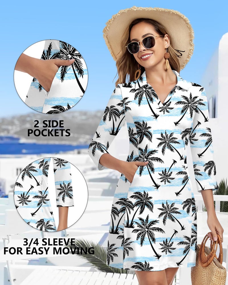 WOWENY 3/4 Sleeve Dress for Women with Pockets V Neck UPF 50+ Casual Sun Dress Breathable Quick Dry Beach Vacation (Coconut Trees, M) - Image 4