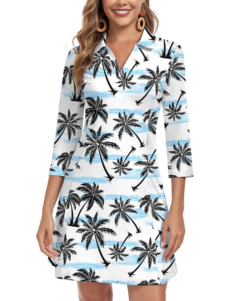 WOWENY 3/4 Sleeve Dress for Women with Pockets V Neck UPF 50+ Casual Sun Dress Breathable Quick Dry Beach Vacation (Coconut Trees, M) - Image 1