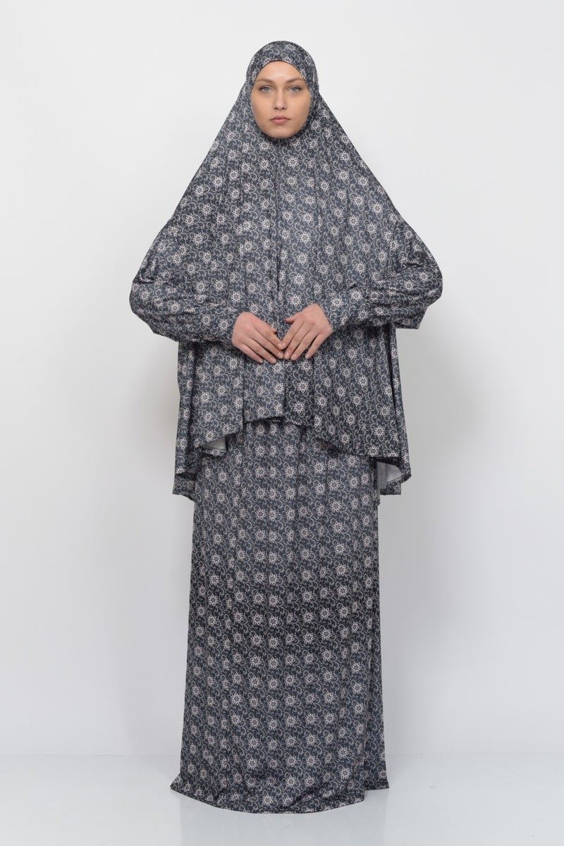 Altobeh Practical Two Piece Sun Patterned Bat Sleeves Lycra Hijab Prayer Dress with Headscarf 992-0302  - Image 1