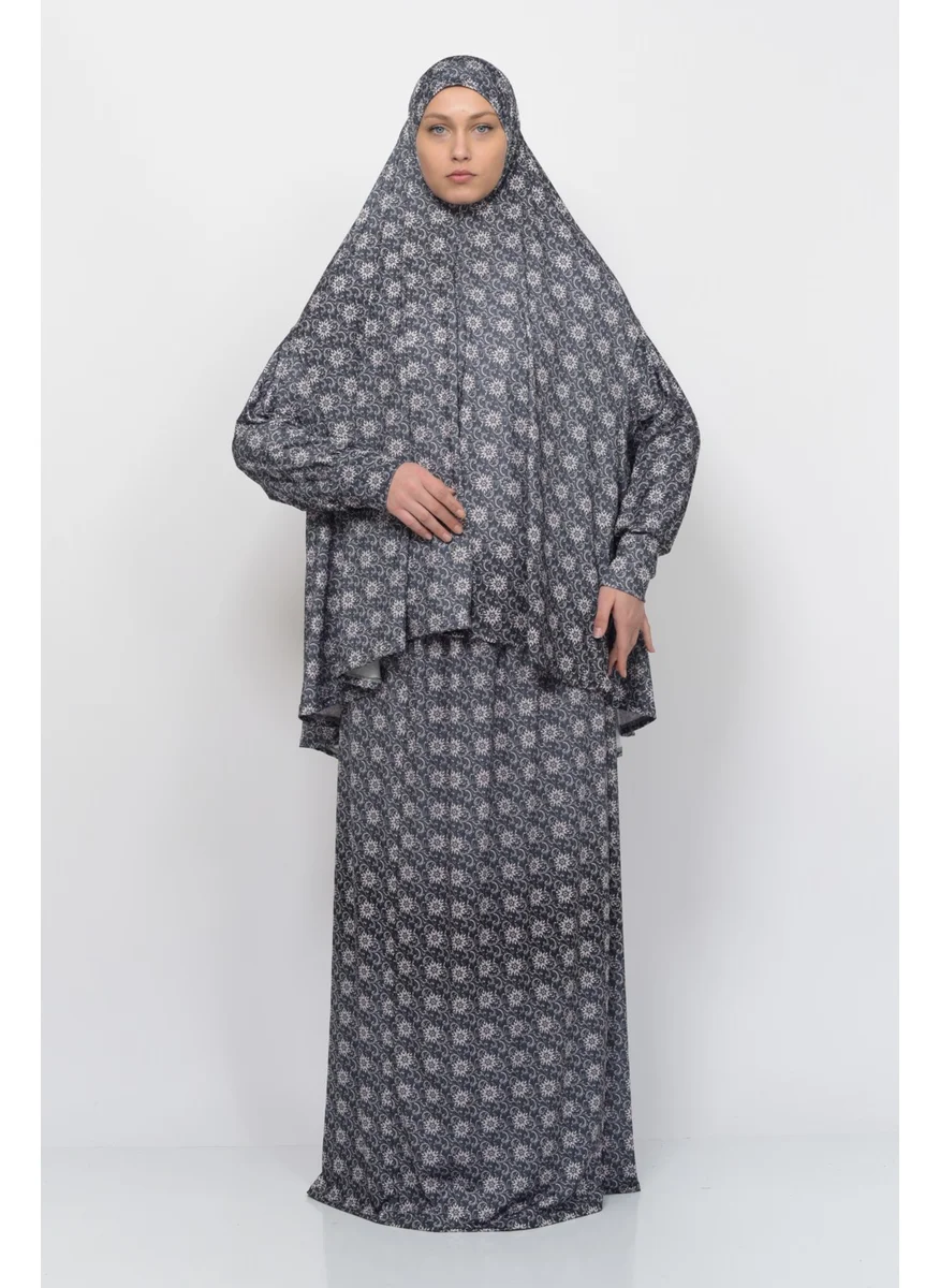 Altobeh Practical Two Piece Sun Patterned Bat Sleeves Lycra Hijab Prayer Dress with Headscarf 992-0302
