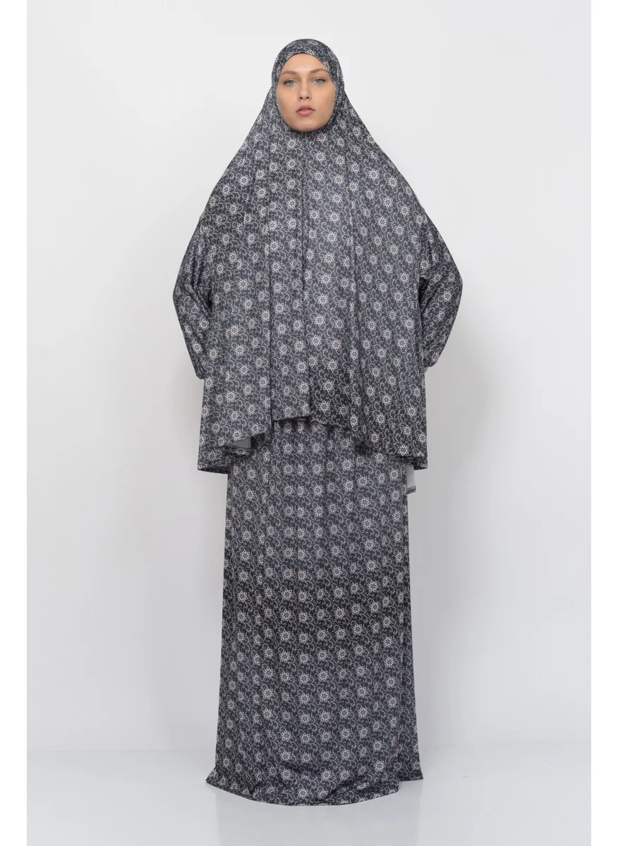 Altobeh Practical Two Piece Sun Patterned Bat Sleeves Lycra Hijab Prayer Dress with Headscarf 992-0302