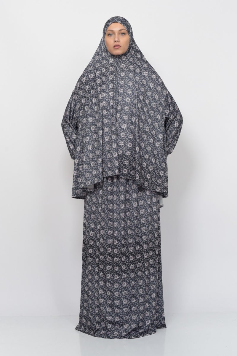 Altobeh Practical Two Piece Sun Patterned Bat Sleeves Lycra Hijab Prayer Dress with Headscarf 992-0302  - Image 4