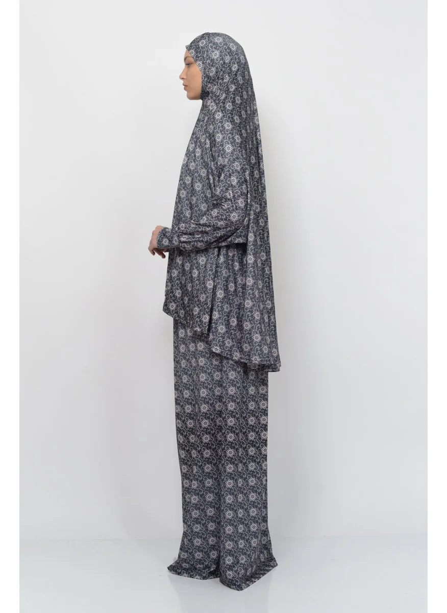 Altobeh Practical Two Piece Sun Patterned Bat Sleeves Lycra Hijab Prayer Dress with Headscarf 992-0302
