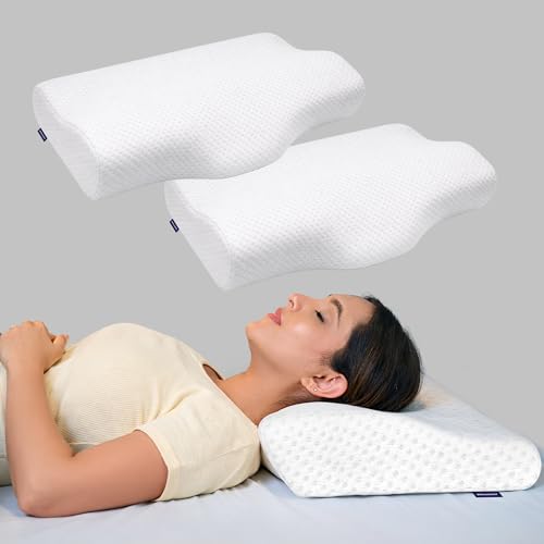 WELLGIVER Cervical Memory Foam Pillow for Neck Pain | 2 Year Warranty | 19 x 11 x 4 Inch Standard | Orthopedic Pillow Spondylitis Neck & Shoulder Pain | Washable Jacquard White Cover | Pack of 2 - Image 1