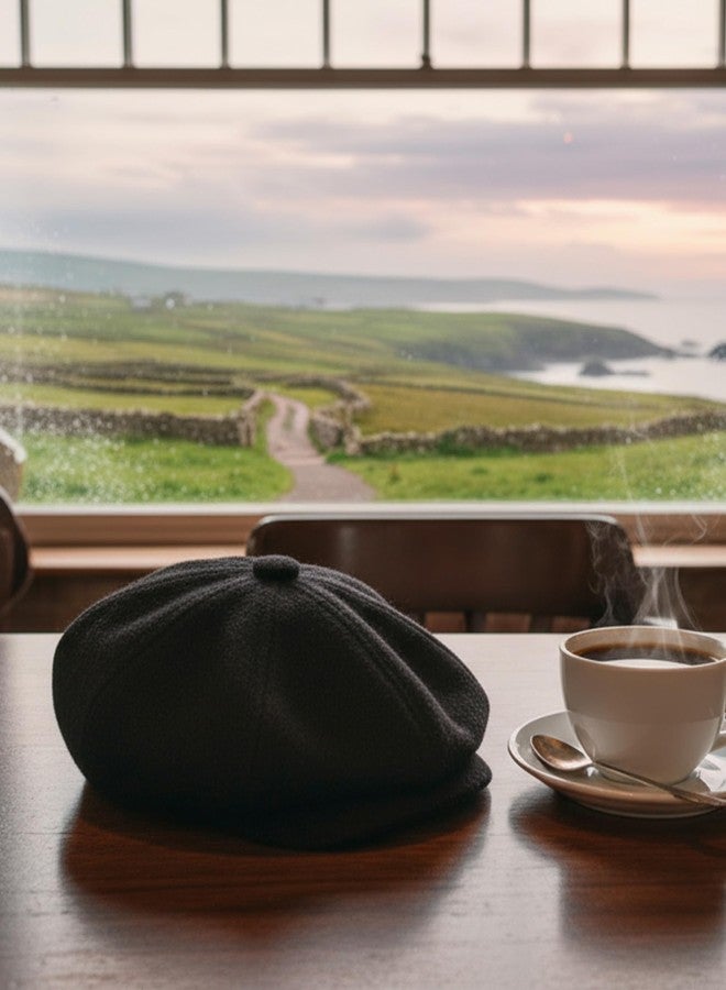 Biddy Murphy Irish Donegal Tweed Cap 100% Wool Flat Cap Traditional 8 Piece with Button Fastening, Black Medium - Image 4