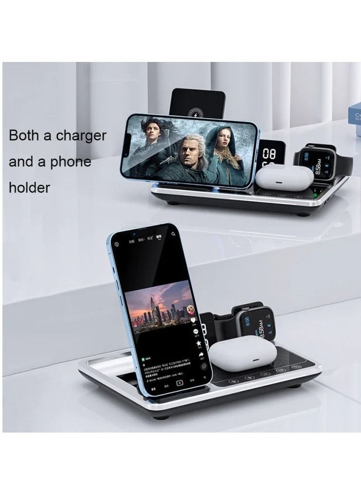4 in 1 Wireless Charger Folding Portable Charging Station with Time Display White Ambient Light For Airpods Pro 2 iWatch Ultra 9 8 7 6 5 Apple iPhone 15/14/13/12 Max Pro Plus Samsung S23 S22 Ultra