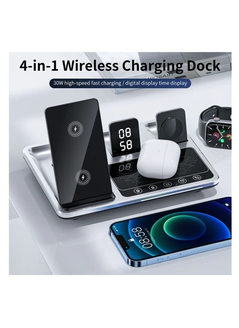 4 in 1 Wireless Charger Folding Portable Charging Station with Time Display White Ambient Light For Airpods Pro 2 iWatch Ultra 9 8 7 6 5 Apple iPhone 15/14/13/12 Max Pro Plus Samsung S23 S22 Ultra