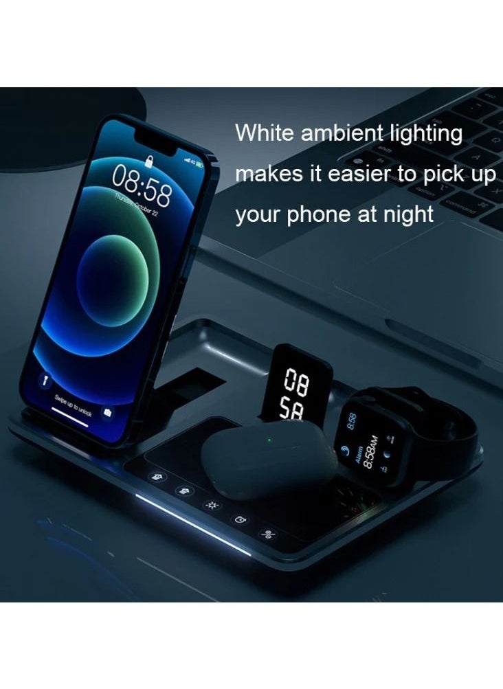 4 in 1 Wireless Charger Folding Portable Charging Station with Time Display White Ambient Light For Airpods Pro 2 iWatch Ultra 9 8 7 6 5 Apple iPhone 15/14/13/12 Max Pro Plus Samsung S23 S22 Ultra