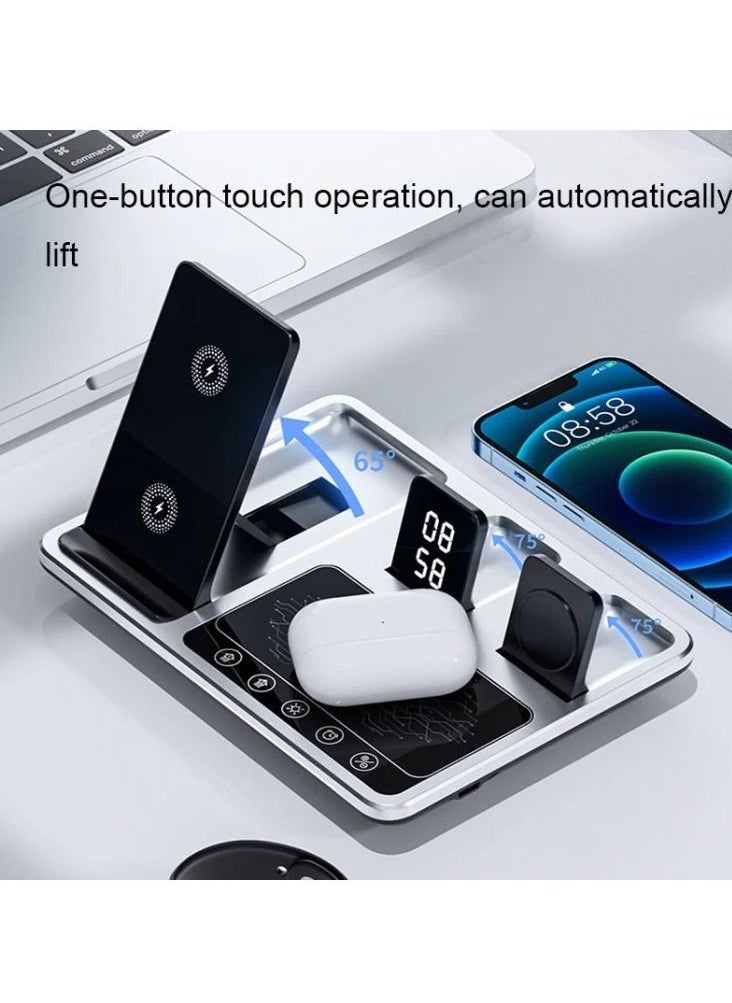 4 in 1 Wireless Charger Folding Portable Charging Station with Time Display White Ambient Light For Airpods Pro 2 iWatch Ultra 9 8 7 6 5 Apple iPhone 15/14/13/12 Max Pro Plus Samsung S23 S22 Ultra