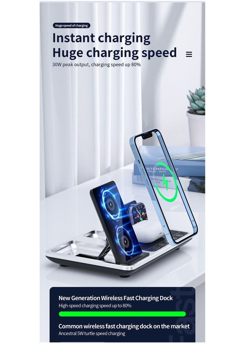 4 in 1 Wireless Charger Folding Portable Charging Station with Time Display White Ambient Light For Airpods Pro 2 iWatch Ultra 9 8 7 6 5 Apple iPhone 15/14/13/12 Max Pro Plus Samsung S23 S22 Ultra
