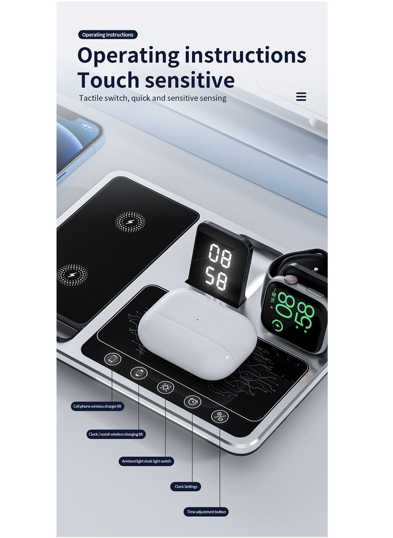 4 in 1 Wireless Charger Folding Portable Charging Station with Time Display White Ambient Light For Airpods Pro 2 iWatch Ultra 9 8 7 6 5 Apple iPhone 15/14/13/12 Max Pro Plus Samsung S23 S22 Ultra