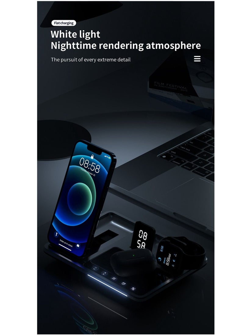 4 in 1 Wireless Charger Folding Portable Charging Station with Time Display White Ambient Light For Airpods Pro 2 iWatch Ultra 9 8 7 6 5 Apple iPhone 15/14/13/12 Max Pro Plus Samsung S23 S22 Ultra