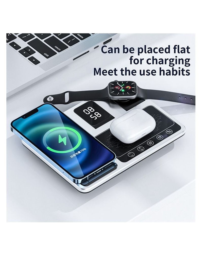 4 in 1 Wireless Charger Folding Portable Charging Station with Time Display White Ambient Light For Airpods Pro 2 iWatch Ultra 9 8 7 6 5 Apple iPhone 15/14/13/12 Max Pro Plus Samsung S23 S22 Ultra