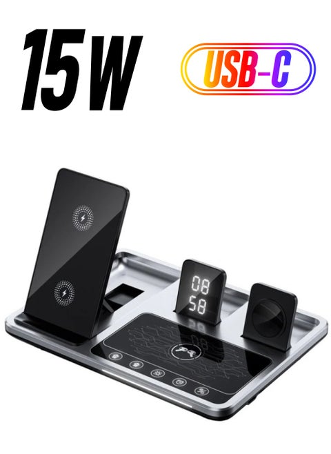 4 in 1 Wireless Charger Folding Portable Charging Station with Time Display White Ambient Light For Airpods Pro 2 iWatch Ultra 9 8 7 6 5 Apple iPhone 15/14/13/12 Max Pro Plus Samsung S23 S22 Ultra