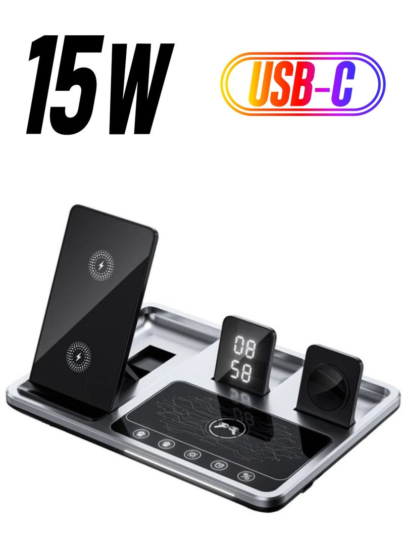 4 in 1 Wireless Charger Folding Portable Charging Station with Time Display White Ambient Light For Airpods Pro 2 iWatch Ultra 9 8 7 6 5 Apple iPhone 15/14/13/12 Max Pro Plus Samsung S23 S22 Ultra