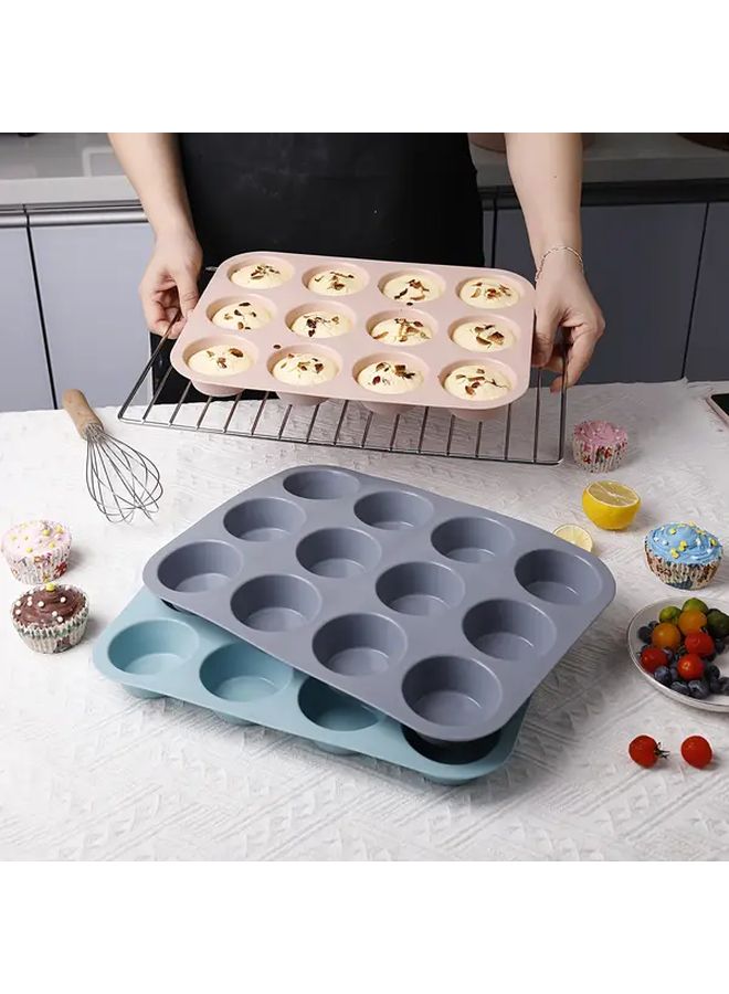 Grey Silicone Muffin Cupcake Baking Pan 12 Cavity Round Cake Mold - Image 1
