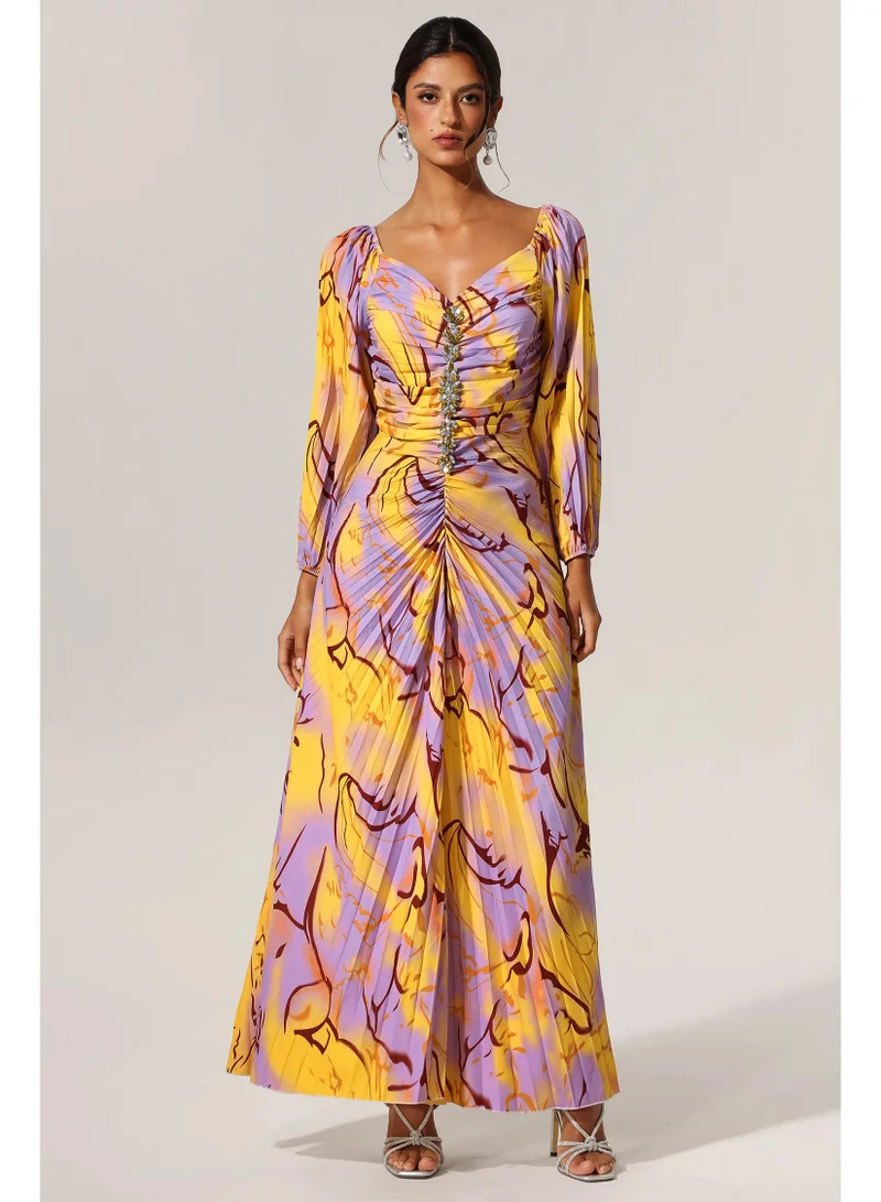 Bella Barnett Quanha Diamond Printed Long Sleeves Slit Maxi Dress