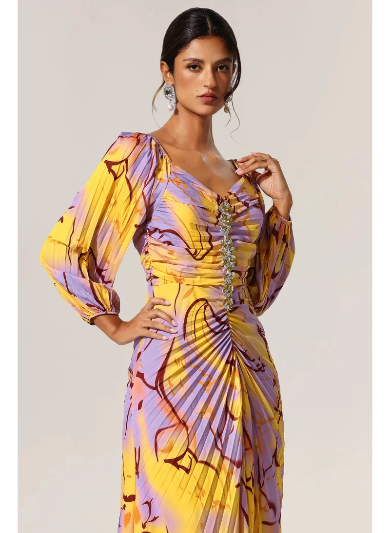 Bella Barnett Quanha Diamond Printed Long Sleeves Slit Maxi Dress