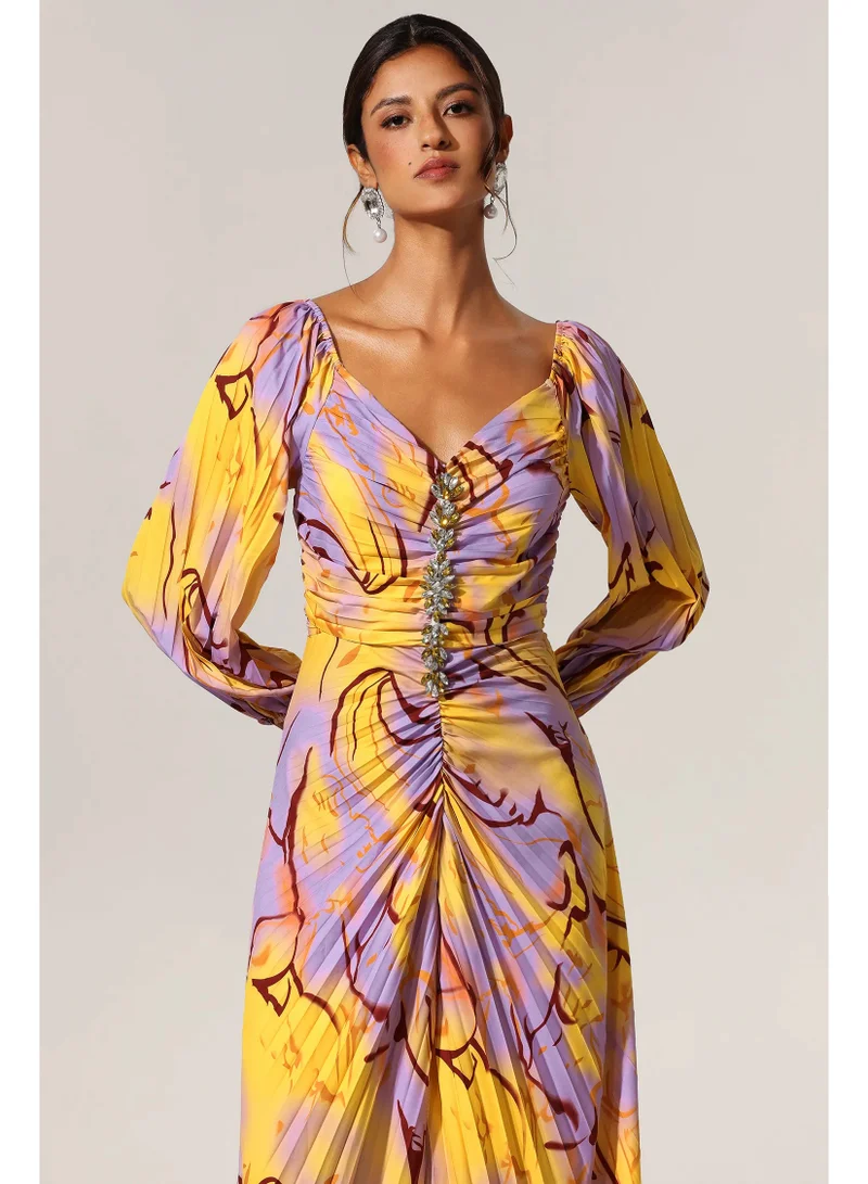 Bella Barnett  Quanha Diamond Printed Long Sleeves Slit Maxi Dress for Women | Best Price UAE