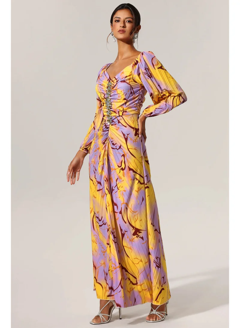 Bella Barnett  Quanha Diamond Printed Long Sleeves Slit Maxi Dress for Women | Best Price UAE