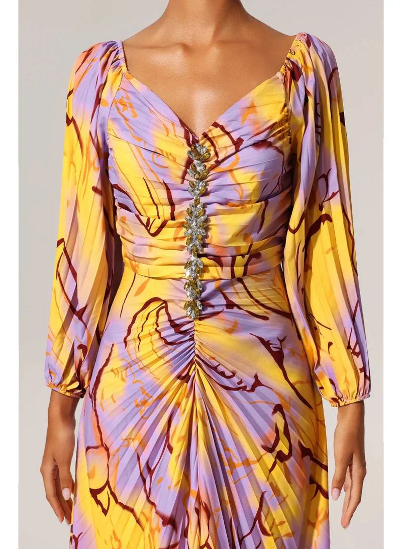 Bella Barnett  Quanha Diamond Printed Long Sleeves Slit Maxi Dress for Women | Best Price UAE