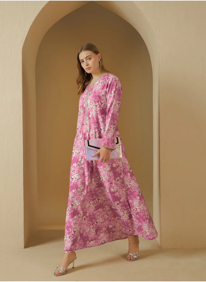 Styli All Over Floral Print V Neck Jalabiya with Lace Trim
