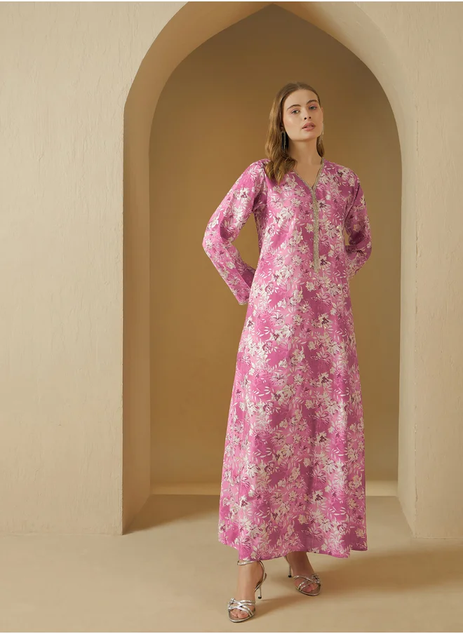Styli All Over Floral Print V Neck Jalabiya with Lace Trim