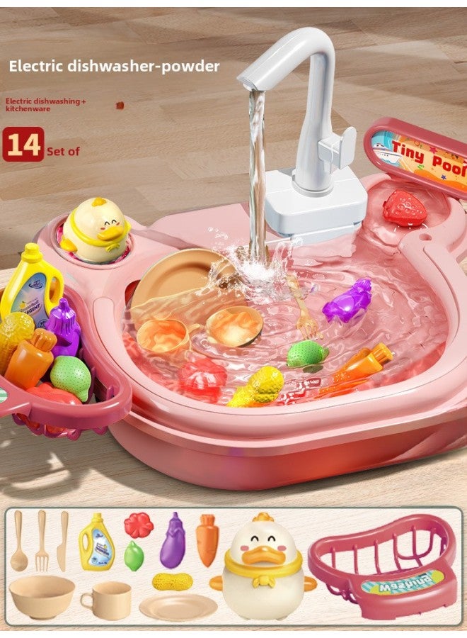 Children's Dishwashing Table Play House Kitchen Toys Electric Wash Basin Vegetable Sink Simulation Dishwashing Toys-Color:【14-piece Pink】 Electric Dishwasher Sink-Specifications:Standard 【without Battery Accessories】】 - Image 1