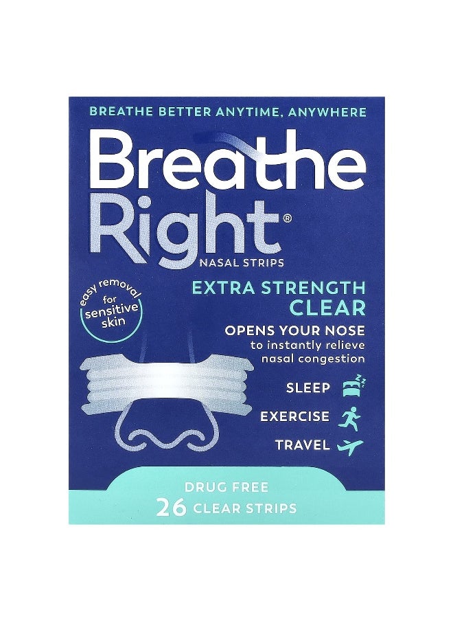 Breathe Right Breathe Right, Nasal Strips, Extra Strength, Clear, For Sensitive Skin, 26 Clear Strips  - Image 1