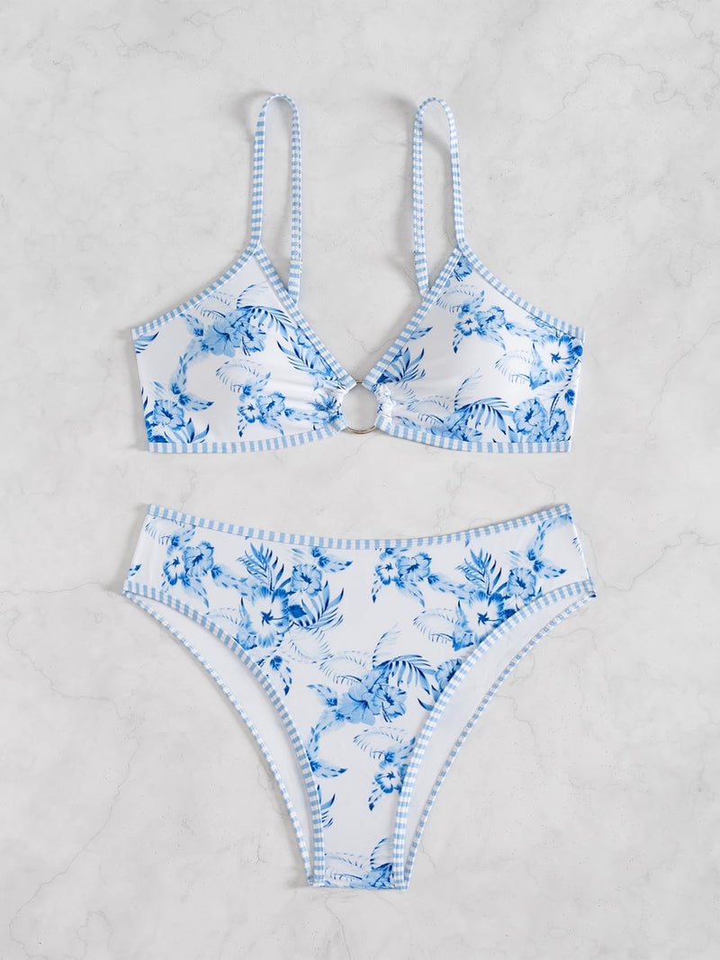 Fanuerg Women's Triangle Bikini Sets O Ring Linked Two Piece Swimsuits Light Blue Floral Printed Cheeky Bathing Suit XL - Image 4