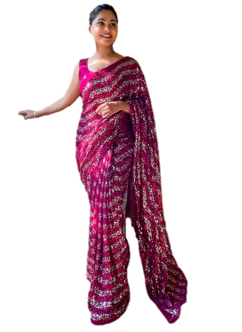 Grab Mantra Georgette Saree With Pink And Silver Sequence Work Plus Unstitched Blouse  - Image 1