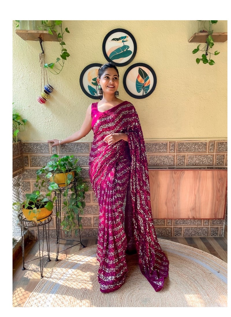 Grab Mantra Georgette Saree With Pink And Silver Sequence Work Plus Unstitched Blouse  - Image 2