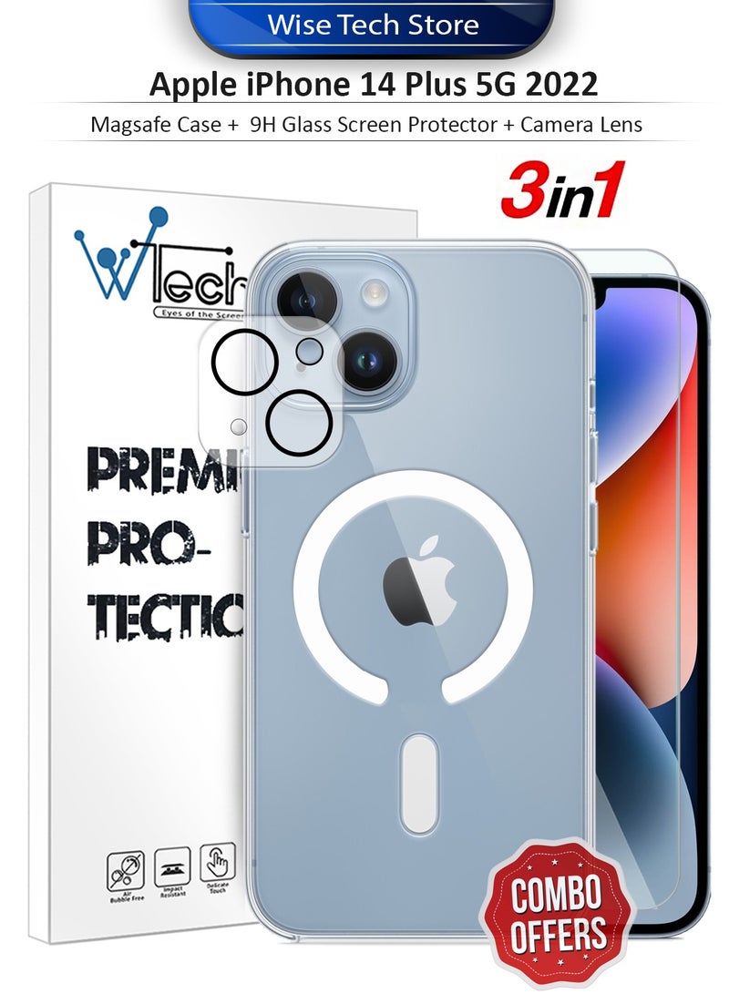 دبليو تيك حزمة حماية 3 في 1 لهاتف آبل آيفون 14 بلس 5G 2022، غطاء شفاف ومقاوم للصدمات مع ماسجيف، واقي شاشة زجاجي 9H، وواقي عدسة الكاميرا بحماية 360، سهل التركيب - شفاف - Image 1