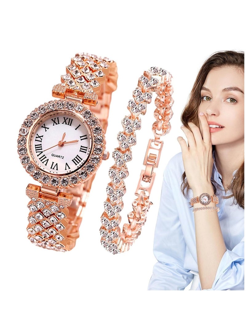 Women Luxury Watches, 2 PCS Analogue Quartz Diamond Watches with Stainless Steel Strap, Lady Watches with Bracelet Set, Lady Rhinestone Wrist Watch and Jewelry Cuff Bracelet Set - Image 2